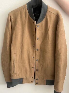 Theory Tan Suede Bomber Jacket with Gray Trim